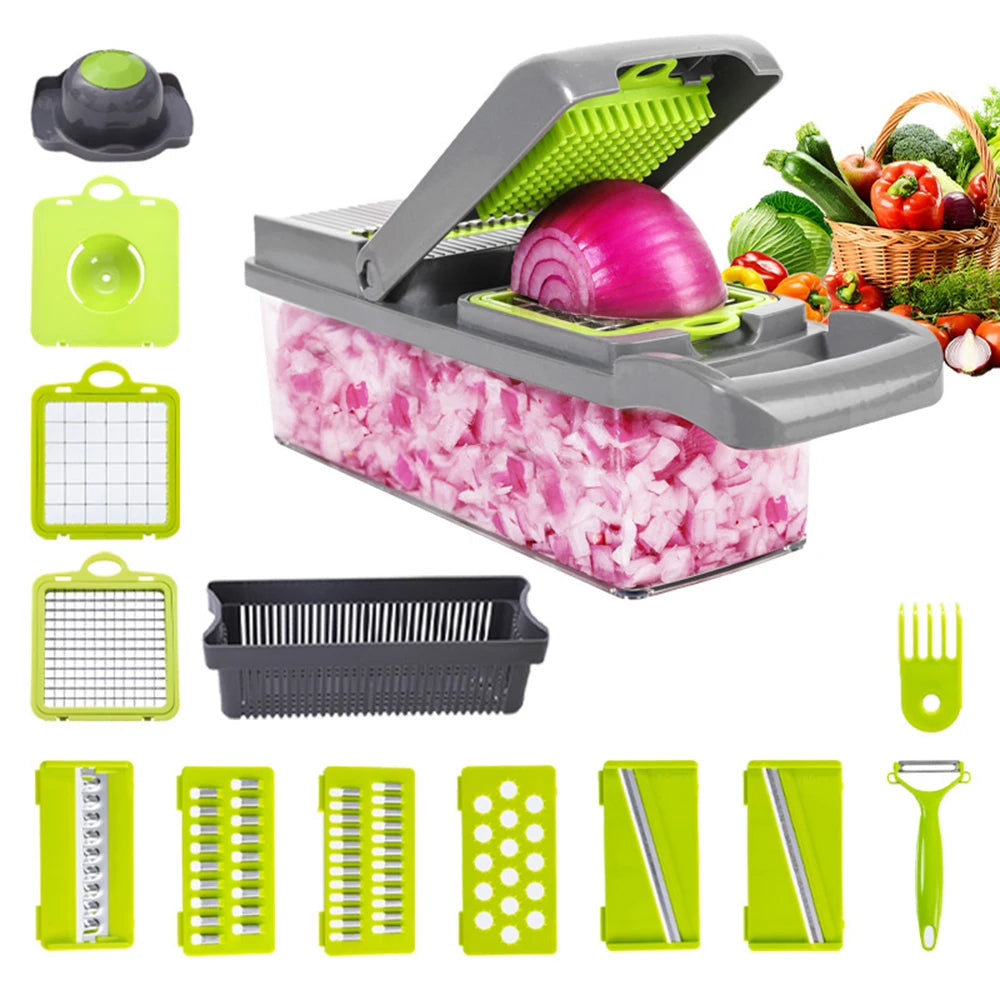 Multifunctional Vegetable Cutter & Slicer, Potato Peeler, Carrot Grater, and Kitchen Basket.