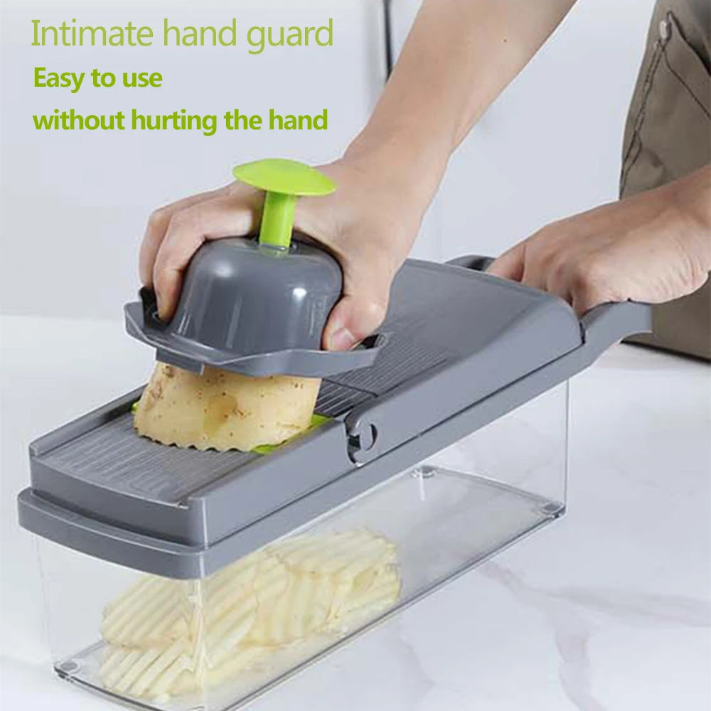 Multifunctional Vegetable Cutter & Slicer, Potato Peeler, Carrot Grater, and Kitchen Basket.