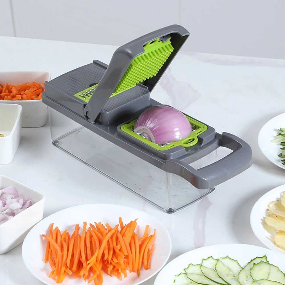 Multifunctional Vegetable Cutter & Slicer, Potato Peeler, Carrot Grater, and Kitchen Basket.