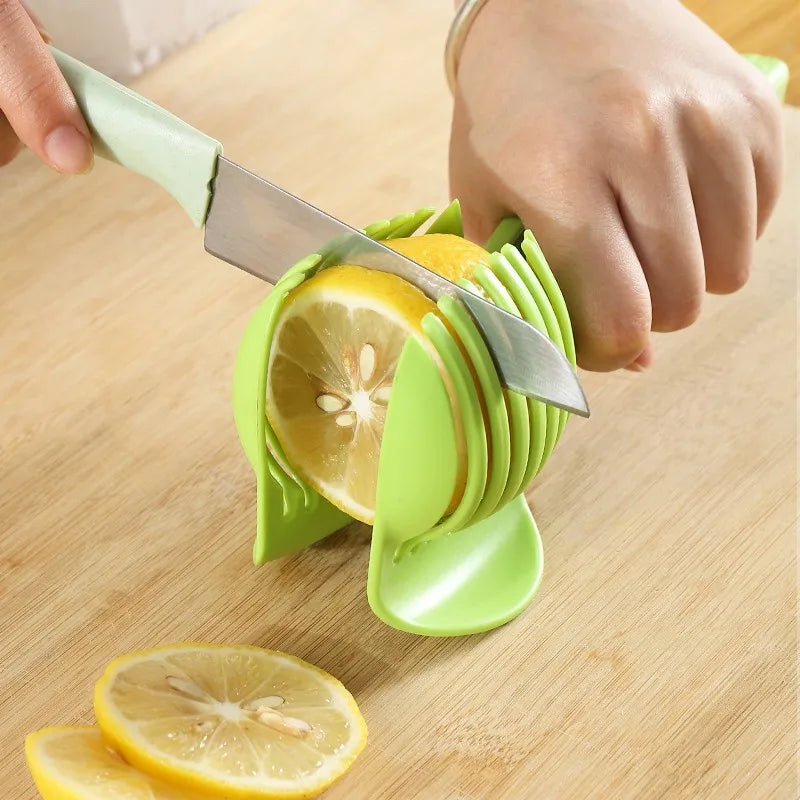 Two-Color Handheld Fruit & Veggie Slicer, for Orange, Lemon, Tomato, and Onion.